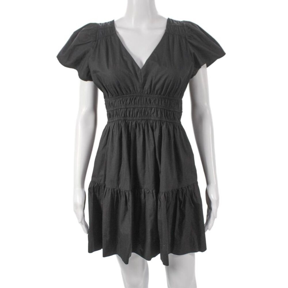 Marea Women Mini Black V-Neck Short Sleeve Cotton Dress Pullover Size XS